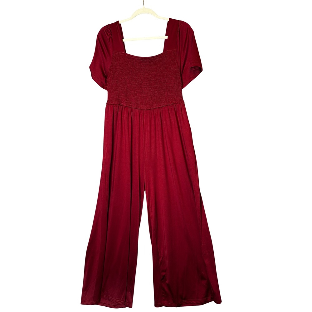 Shein Curve Womens 0XL Burgundy Smocked Bodice Wide Leg Jumpsuit Red Square Neck